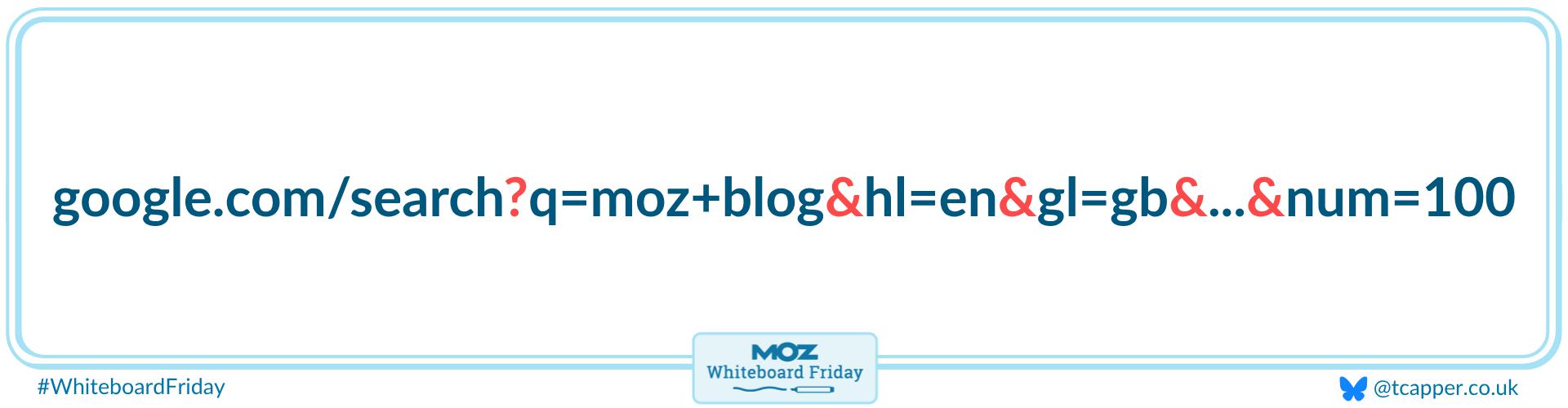 Zoomed in section of the whiteboard with an example of a Google URL with query parameters.