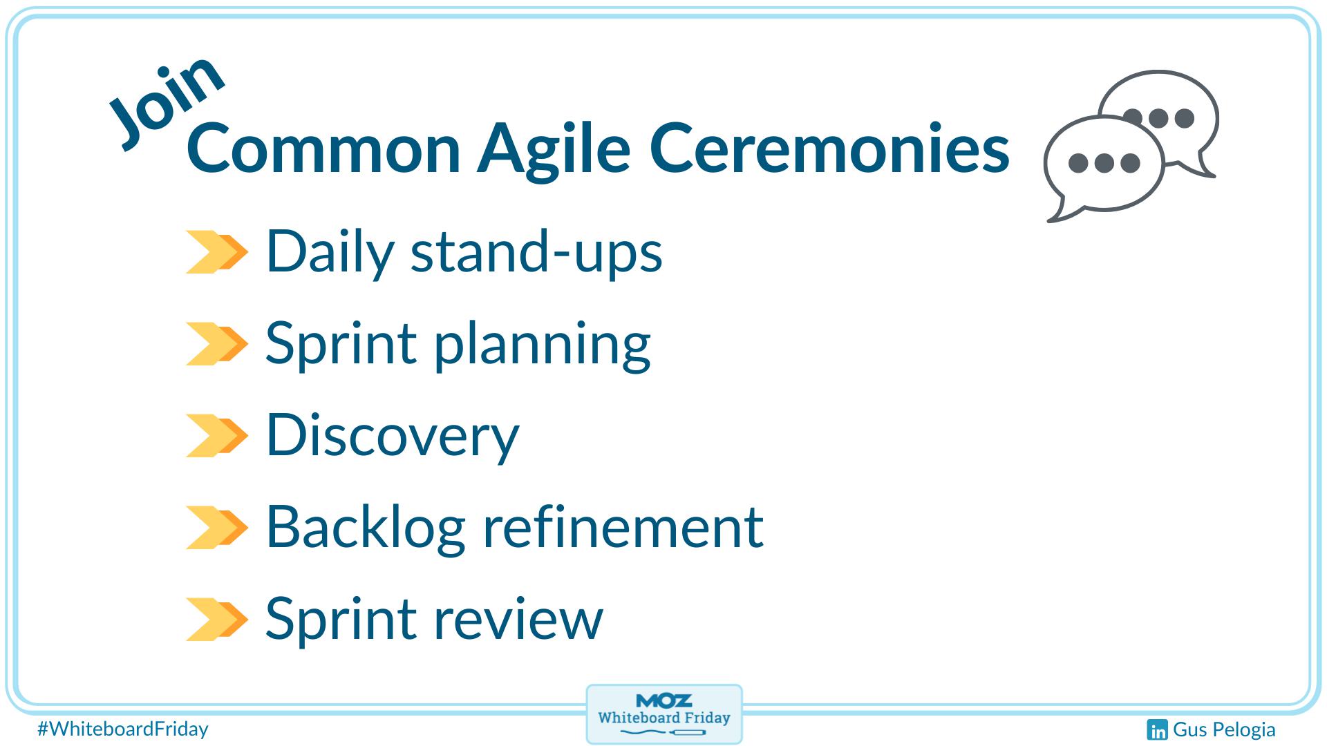 Zoomed in section of the whiteboard with a list of common agile ceremonies.