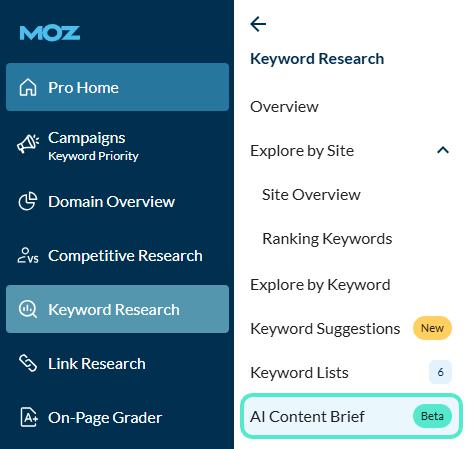 side bar of moz pro navigation highlighting content brief tab