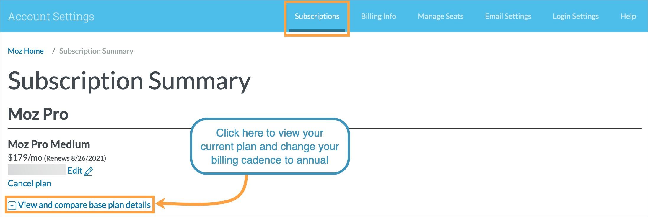 Click "view and compare base plan details" to view the limits of your current plan and to change your billing cadence to annual.