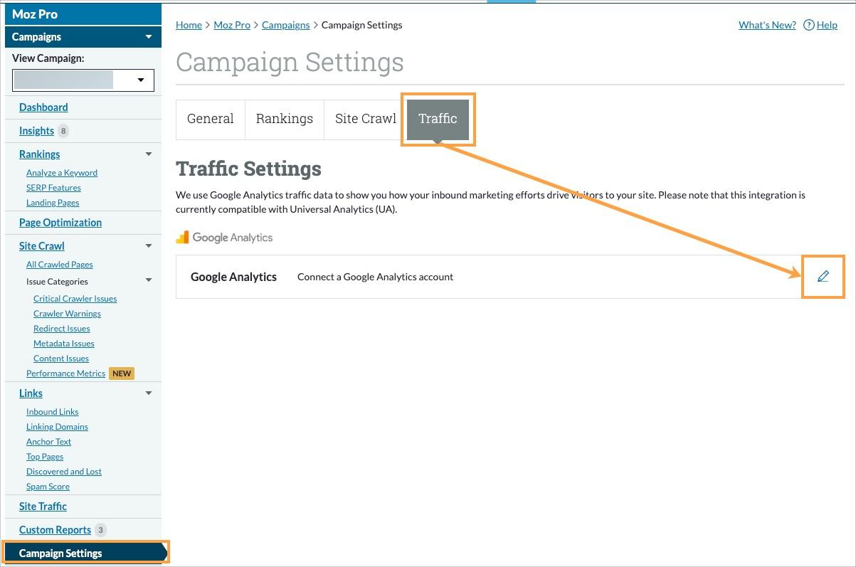 Your Campaign Settings are located at the bottom of the left-hand navigation menu. Once there, select traffic and then click the pencil icon to update your GA connection.