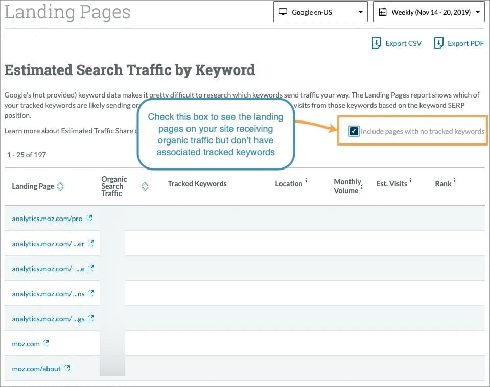 You can check the box provided marked "include pages with no tracked keywords" to see what pages are getting traffic which we don't think you're tracking keywords for.