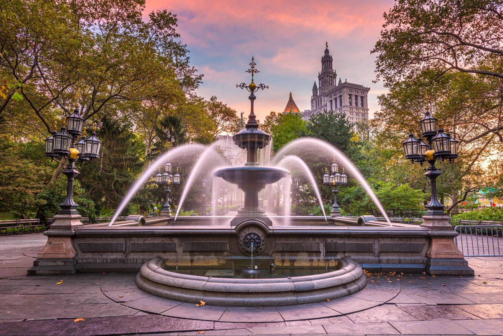 City Hall Park fountain.