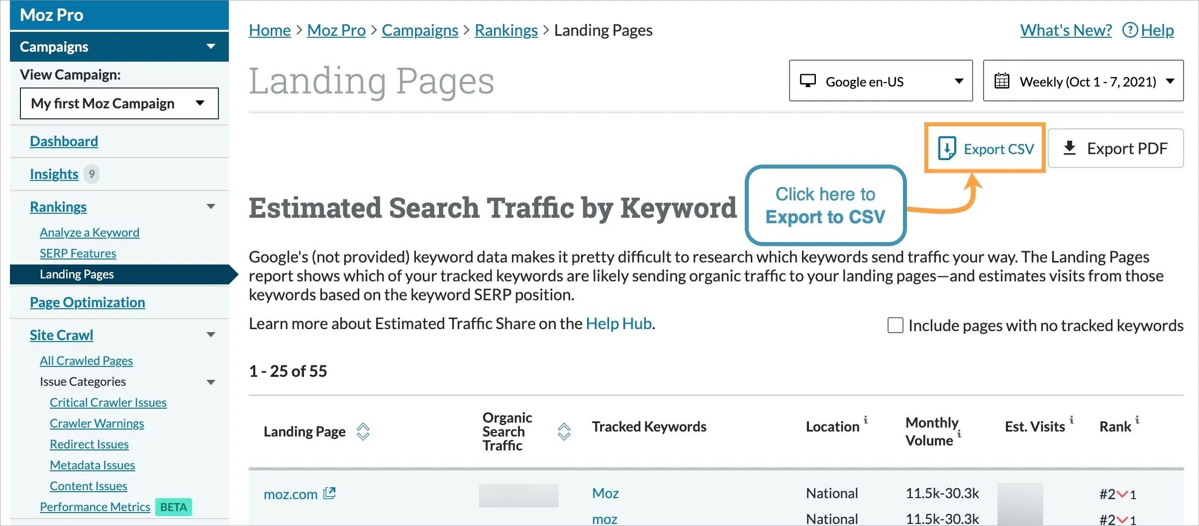 You can export the landing pages section of your Campaign to CSV via the link on the top right.