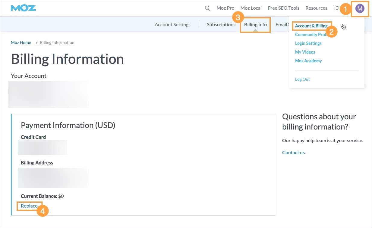 Screenshot of the Billing Information section of Moz showing where to replace the billing address.