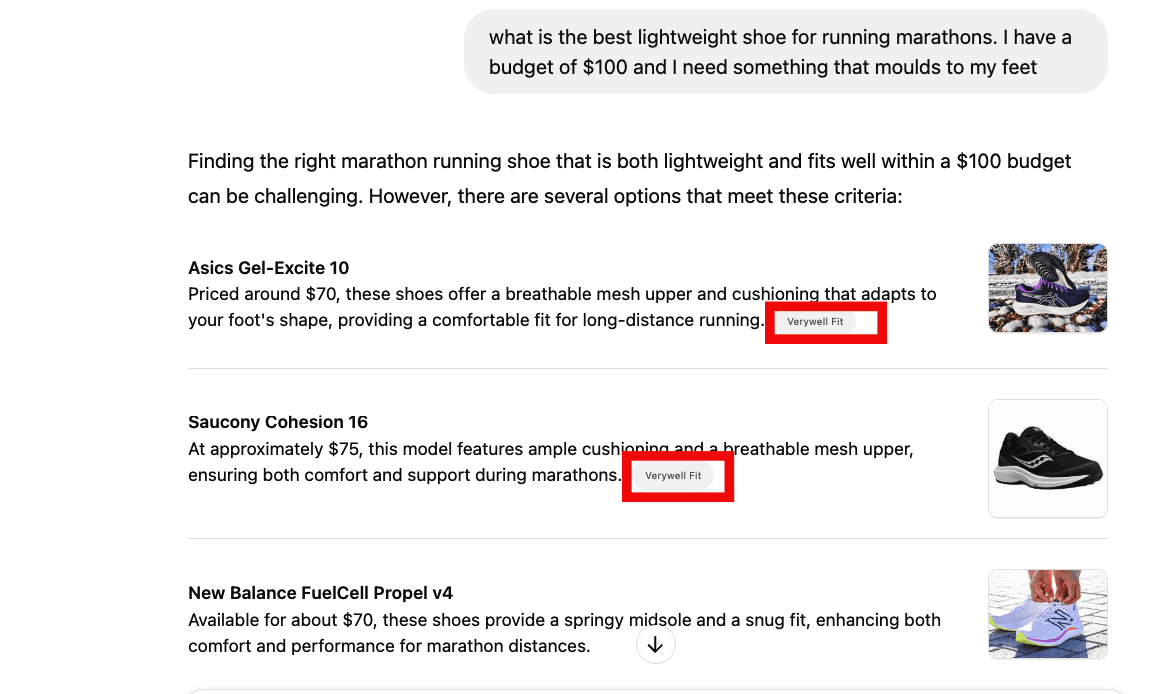 ChatGPT search results for lightweight marathon running shoes under $100, featuring recommendations from Verywell Fit.
