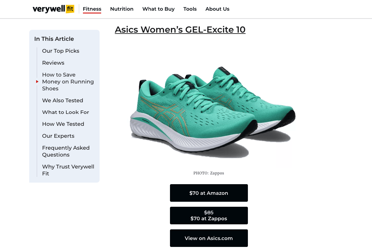 Screenshot of a product review page from Verywell Fit showing running shoe recommendations with referral links.
