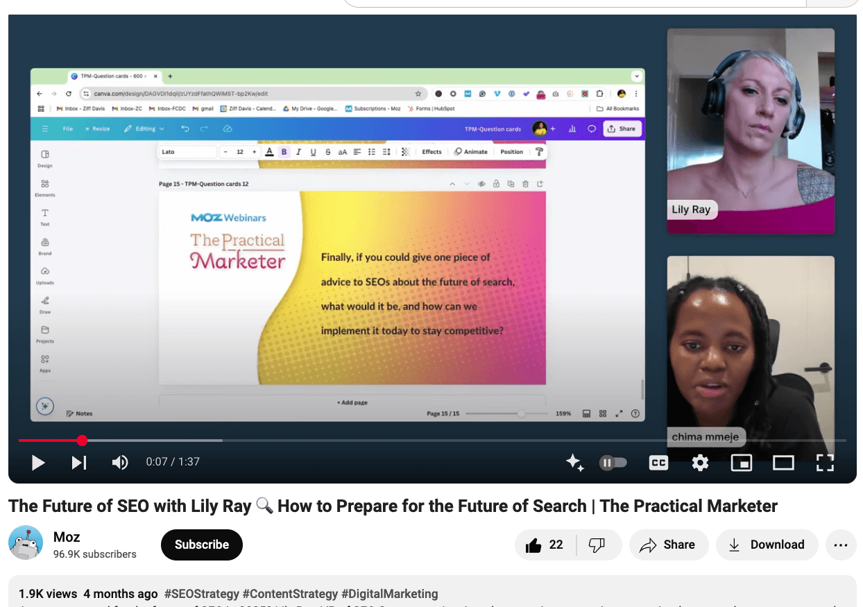 Short video clip from Lily Ray's AMA webinar posted on YouTube with nearly 2,000 views.