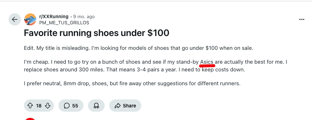 Screenshot of a Reddit thread mentioning Asics as a recommended running shoe under $100.