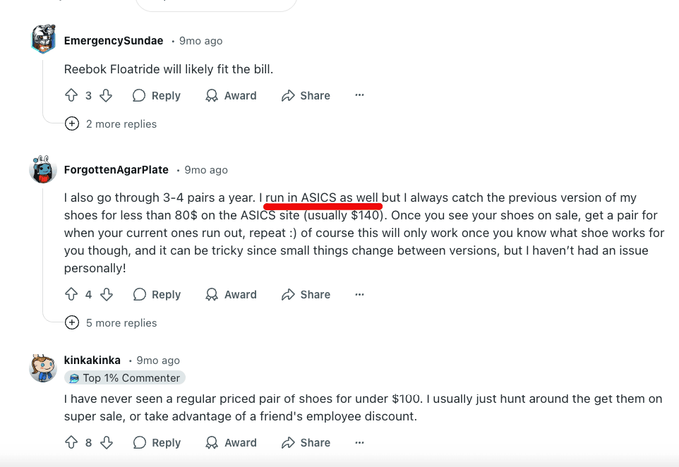 Reddit comment mentioning Asics positively as comfortable and affordable running shoes.