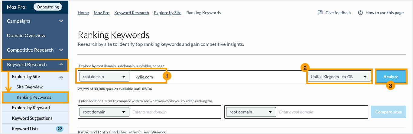 Screenshot of the Keyword Rankings section of Keyword Research In Moz Pro.