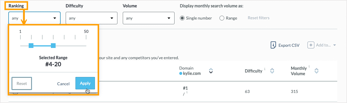 Screenshot showing the filter for ranking in Moz's Keyword Explorer.