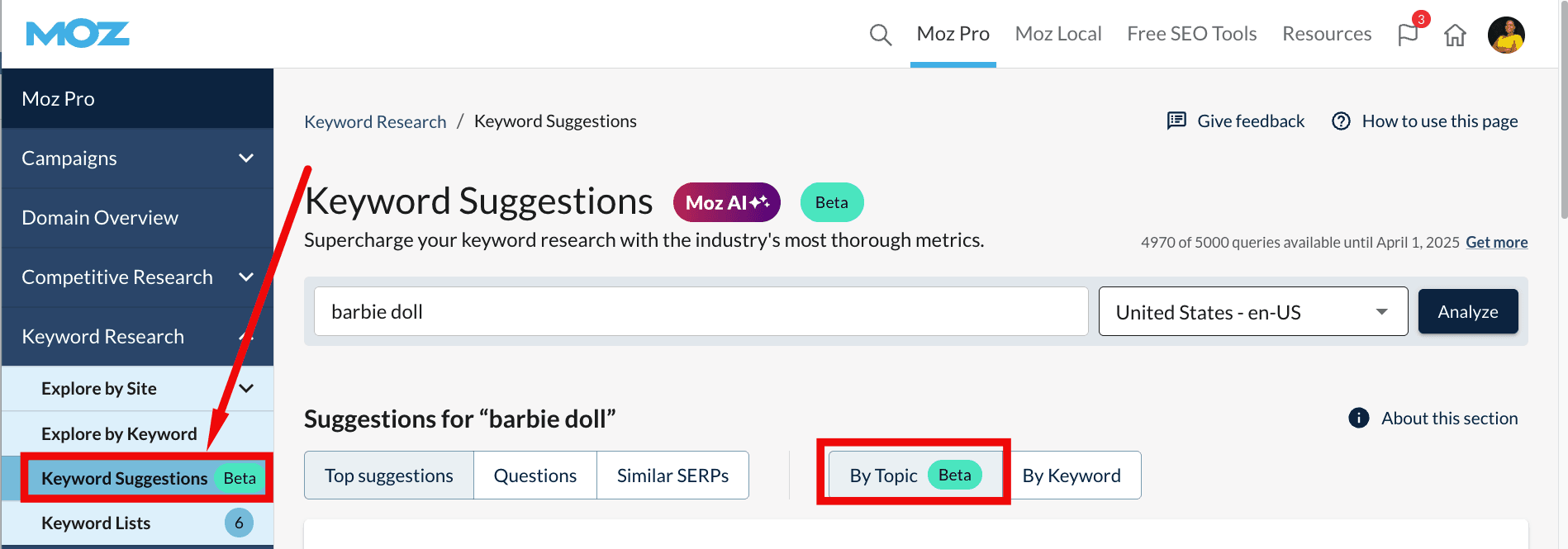 Moz Keyword Explorer interface showing seed keyword research