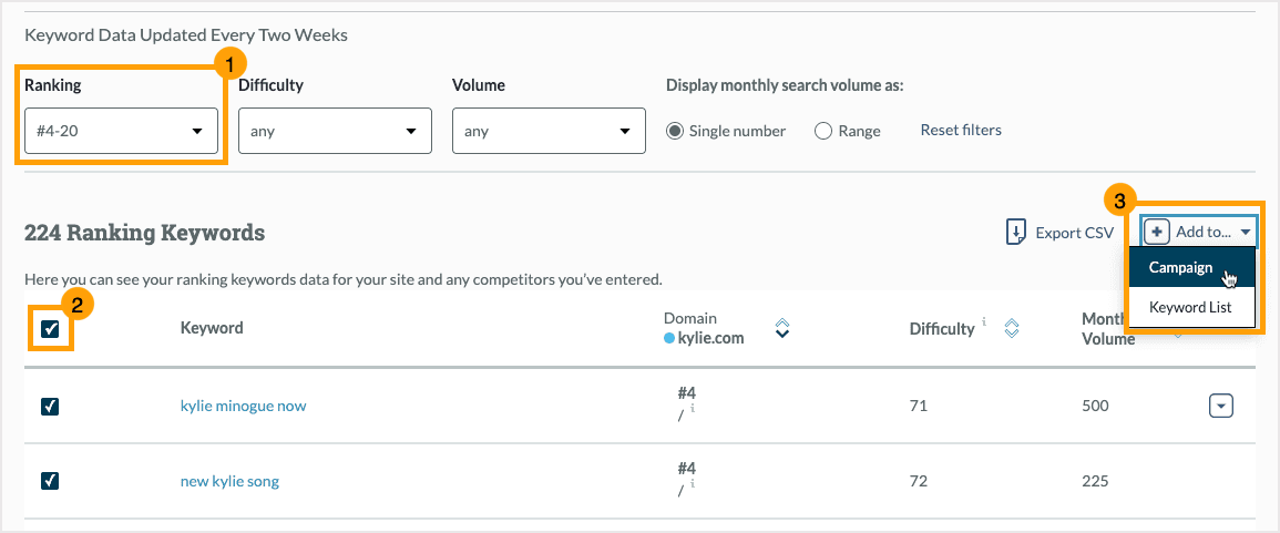 Screenshot of how to add keywords to a Campaign from Ranking Keywords in Keyword Explorer.
