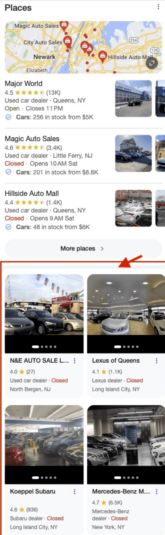 A mobile screenshot shows a grid of 4 car dealership listings placed below a local pack of 3 listings.