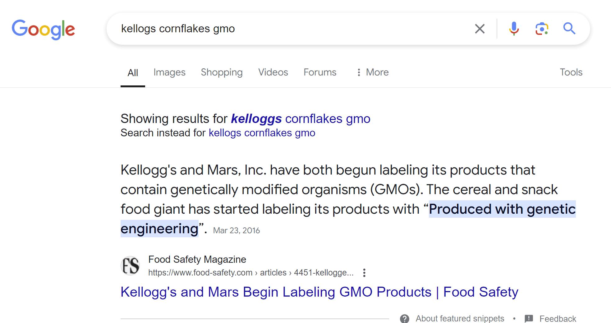 A Google result shows an excerpt of information about Kellogg's labeling geneticall modified ingredients.