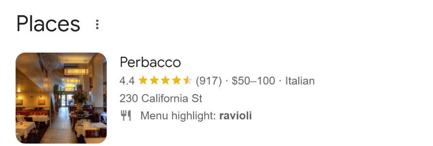 A local pack contains a listing with a menu justification highlighting that a restaurant serves ravioli