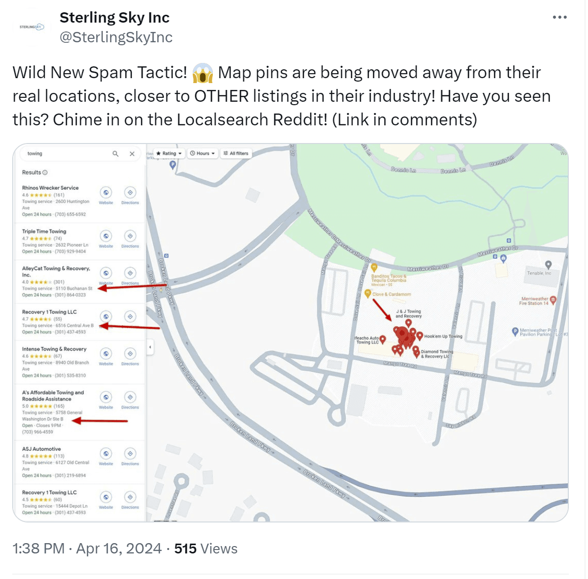 A screenshot of Google Maps shows how a business pin has been moved from its accurate location to a cluster of other businesses