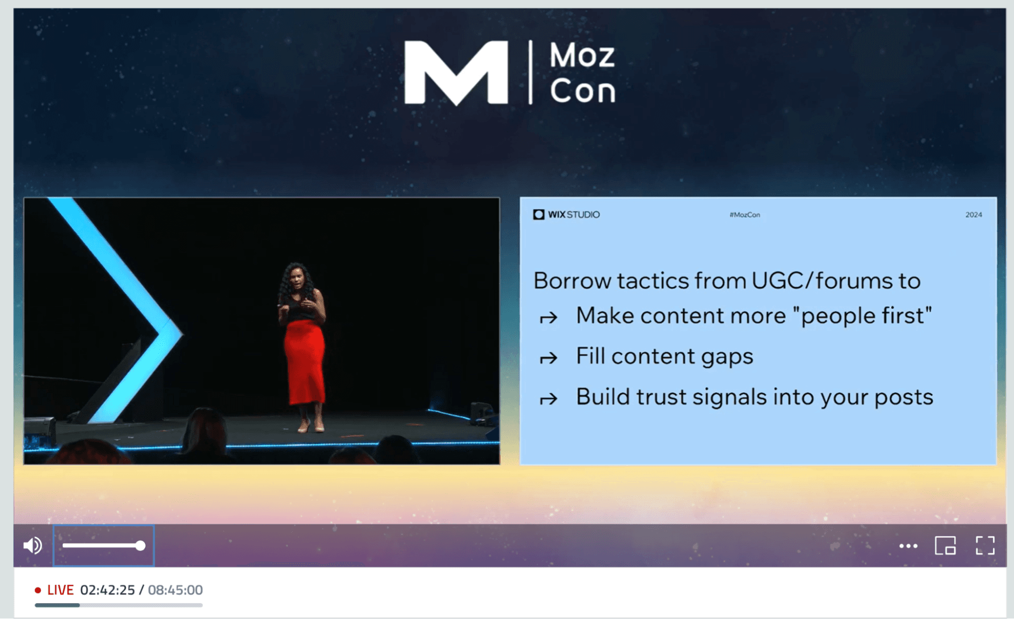 A speaker urges the audience to emulate forums in making content more people-first, filling content gaps and building trust signals to their content.