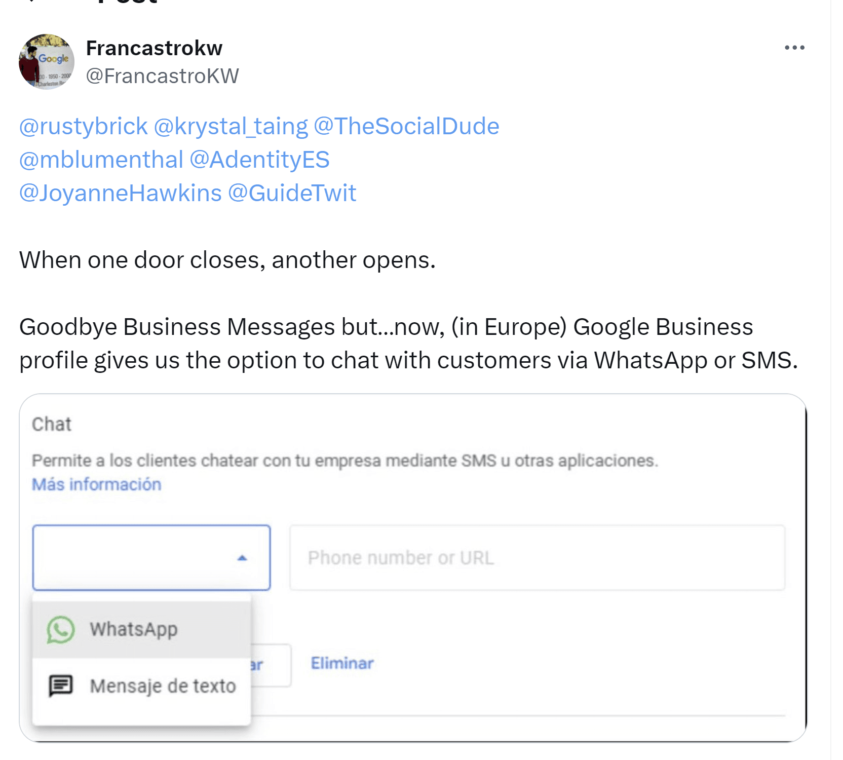 A twitter user shares that new fields are appearing to add WhatsApp or a text message line to Google Business Profiles.