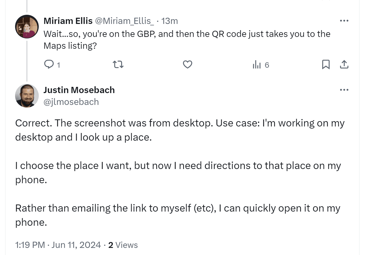 A user explains that the QR feature helps you open the Google Maps listing on your phone.