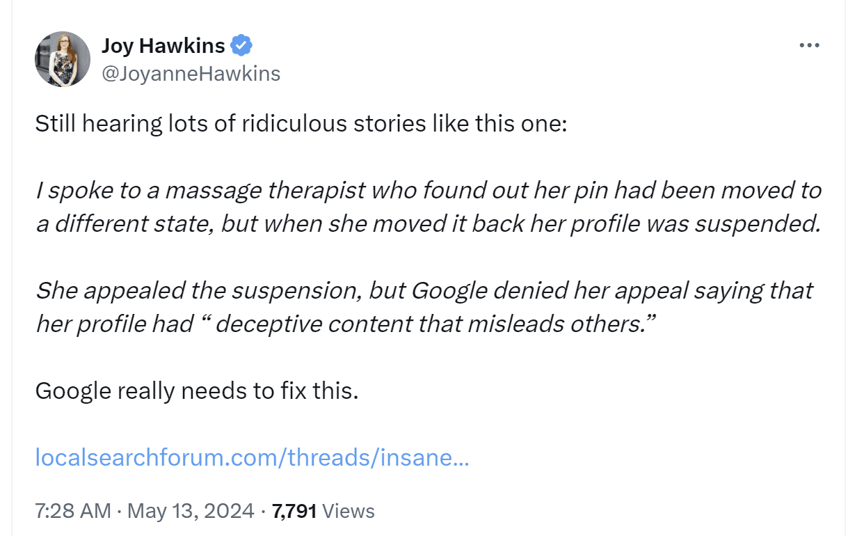 A user shares that their listing was suspended when they tried to correct the location of their map pin