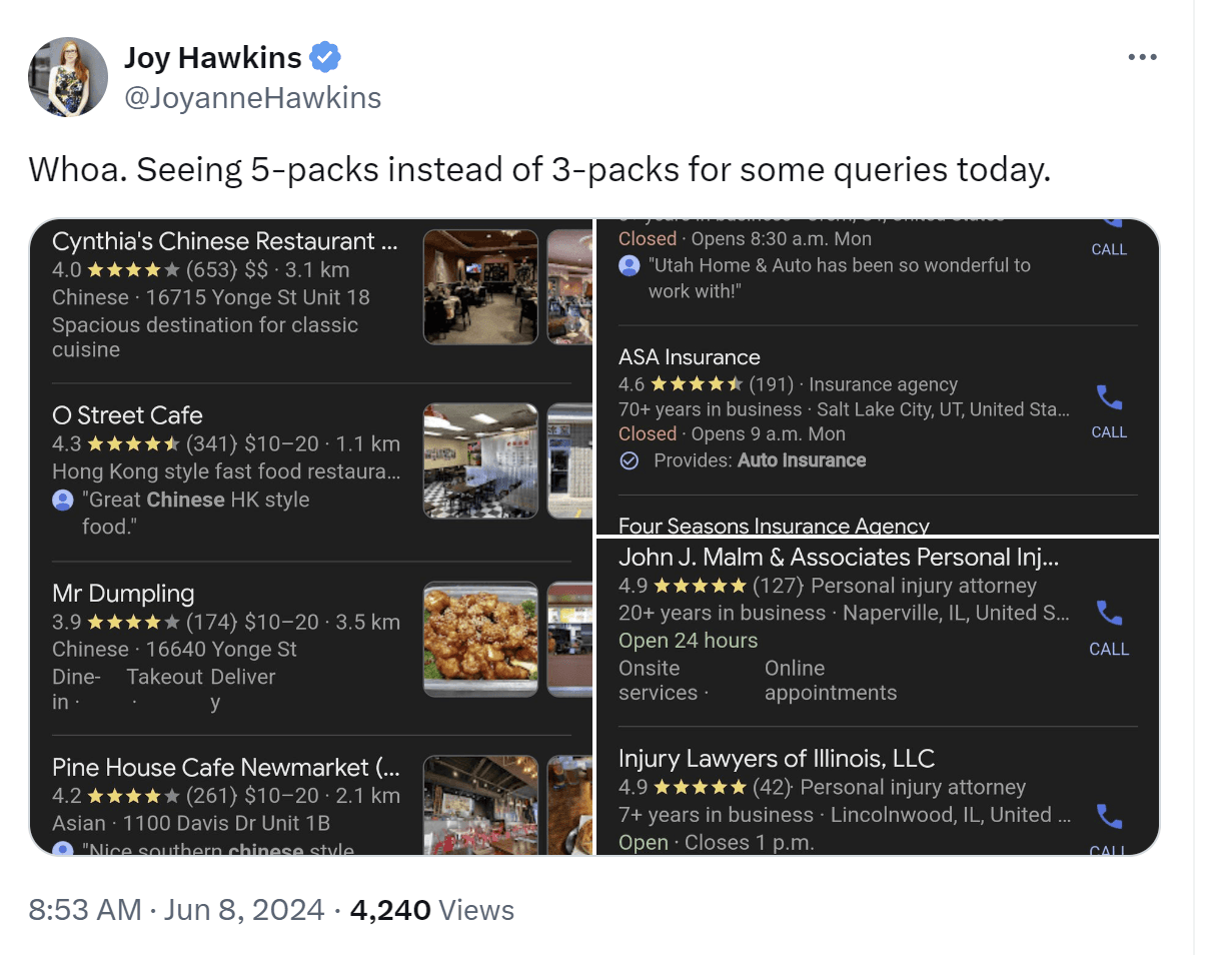 A user spots a local pack with 5 listings in it instead of 3