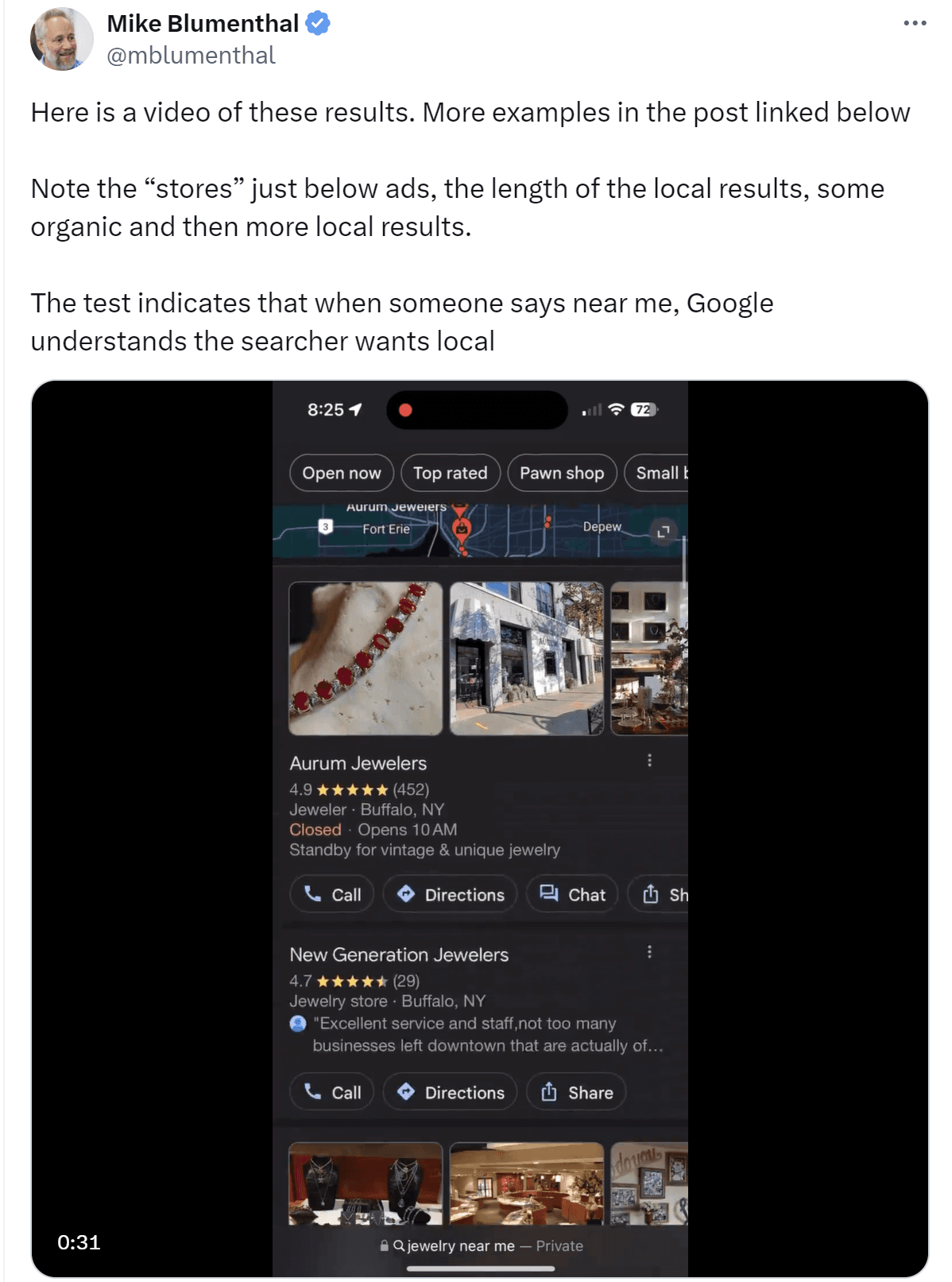 A user spots a search engine result that is made up of nearly 100% local entities