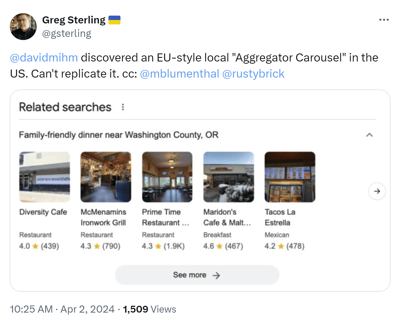 A vertical carousel-style display of local businesses which has become familiar in the EU was spotted in the US.