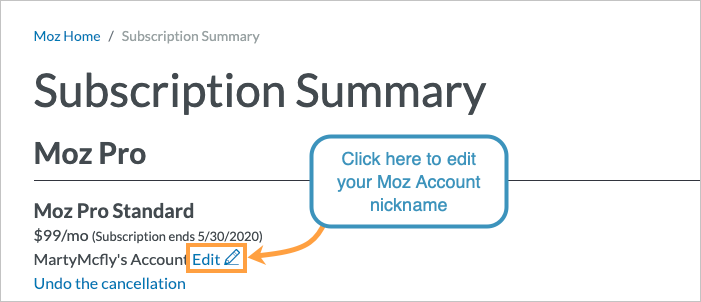 Change your account nickname via your subscriptions summary page.