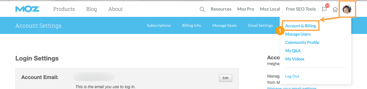 Select account and billing via the drop-down on the top right.