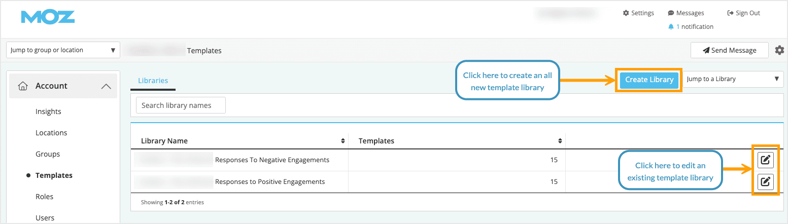 Screenshot of the create library button within Templates > Account.