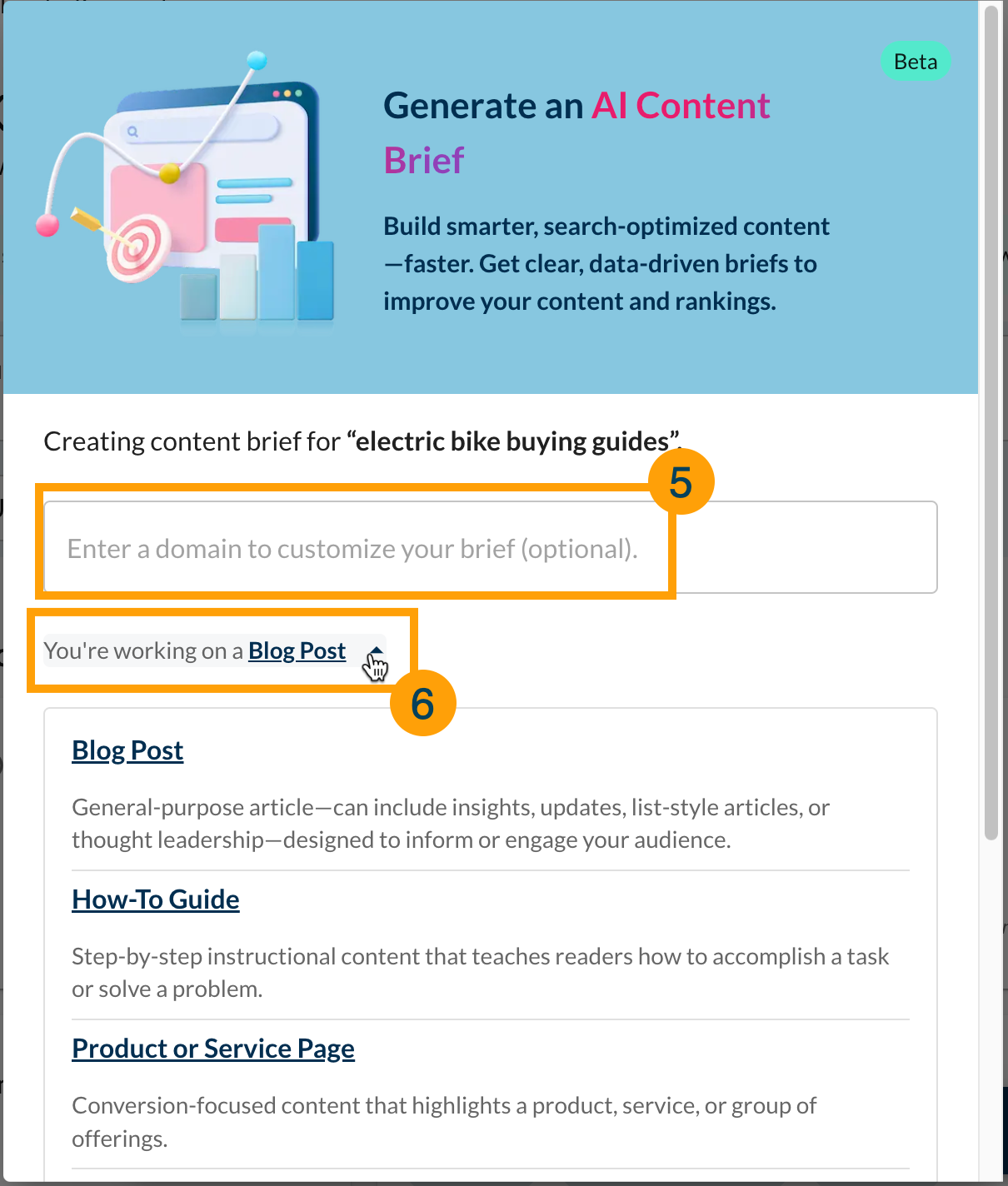 Screenshot of the AI Content Brief popup window.