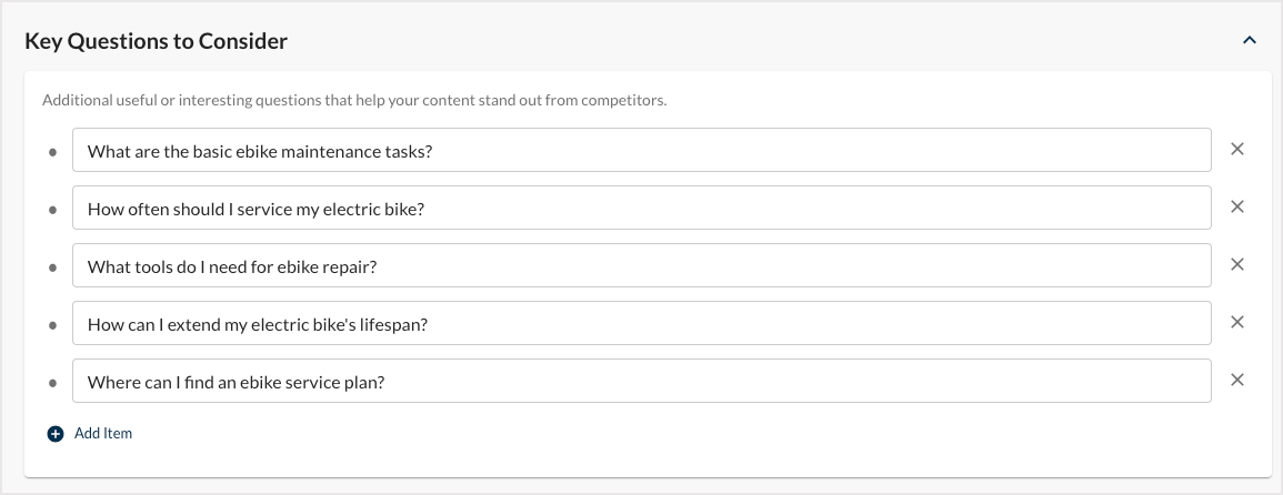 Screenshot of the Key Questions to Consider section of AI Content Brief.