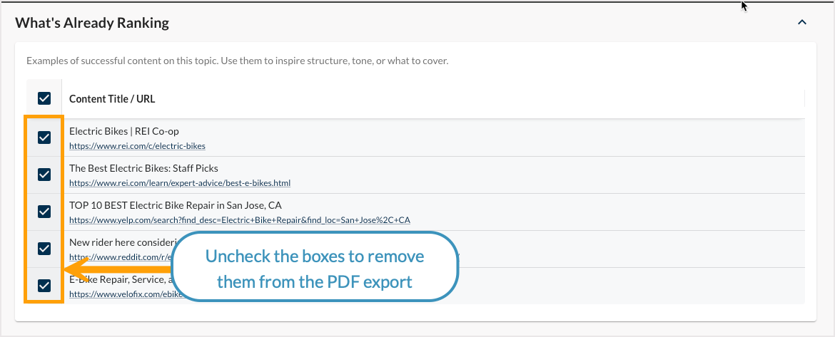 Screenshot of the What's Already Ranking on section of AI Content Brief.