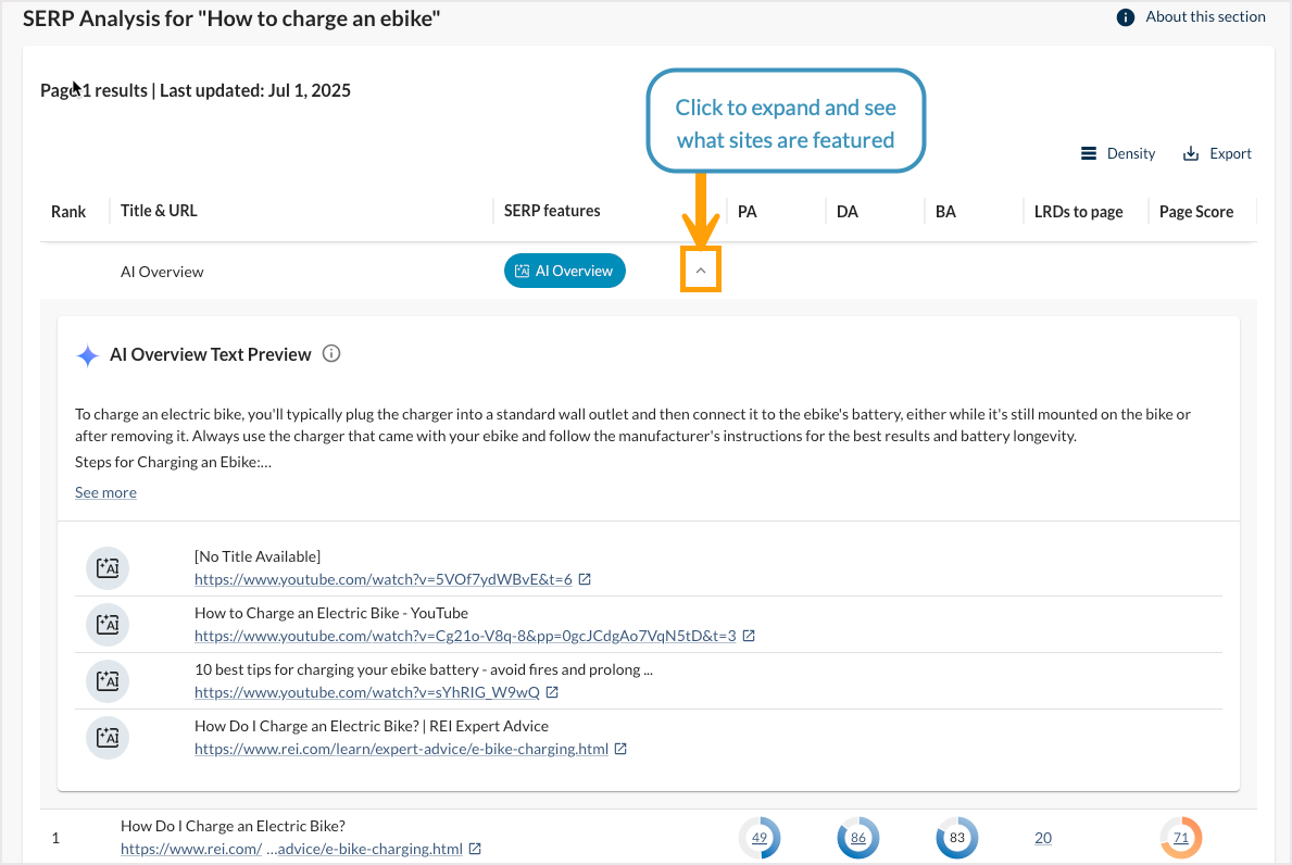 Screenshot of an AI Overview in the SERP Analysis section of Keyword Explorer.