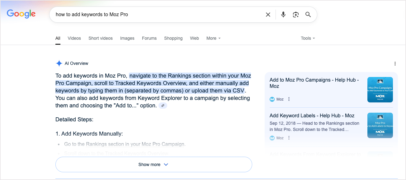 Screenshot of an AI Overview in Google for how to add keywords to Moz Pro.