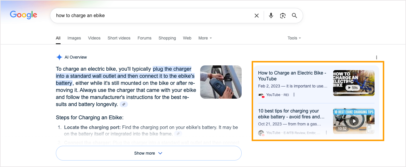 Screenshot of an AI Overview result with videos as sources.
