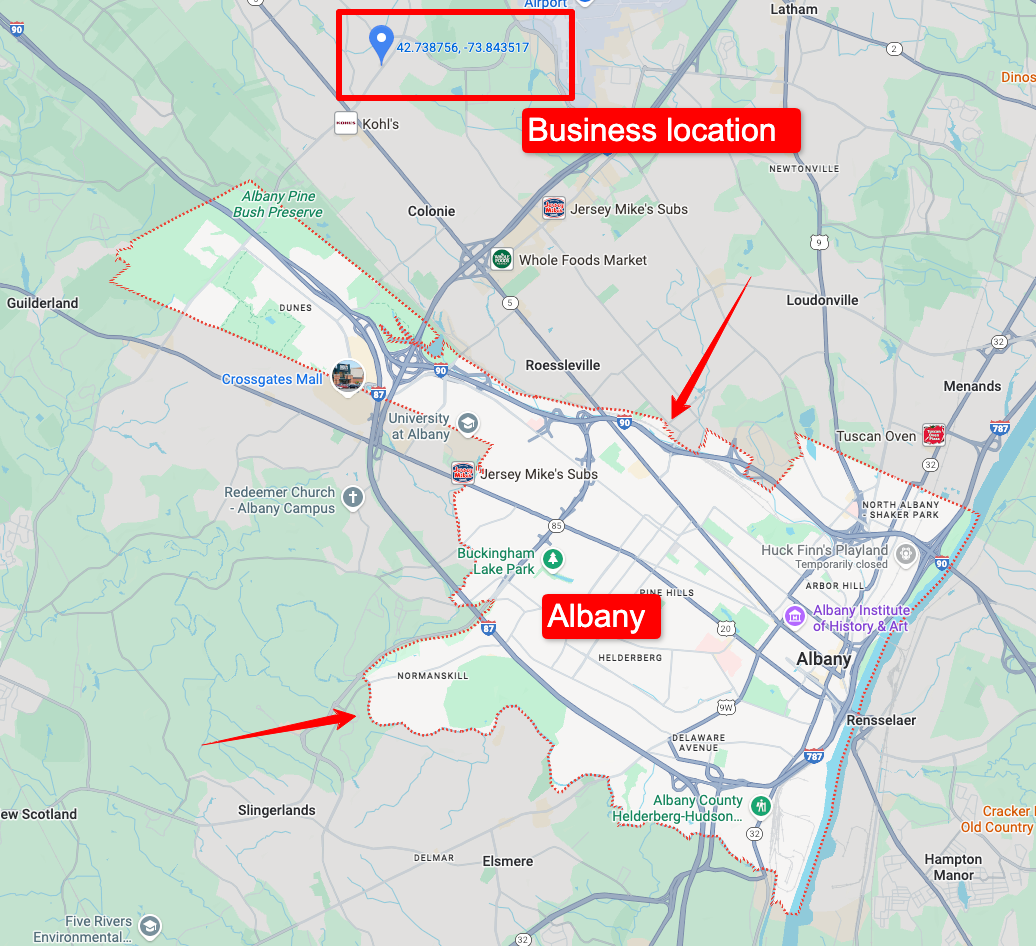 Screenshot showing how Google sees the borders of the city of Albany.