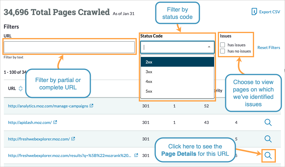 Filter and sort options in the All Crawled Pages view.