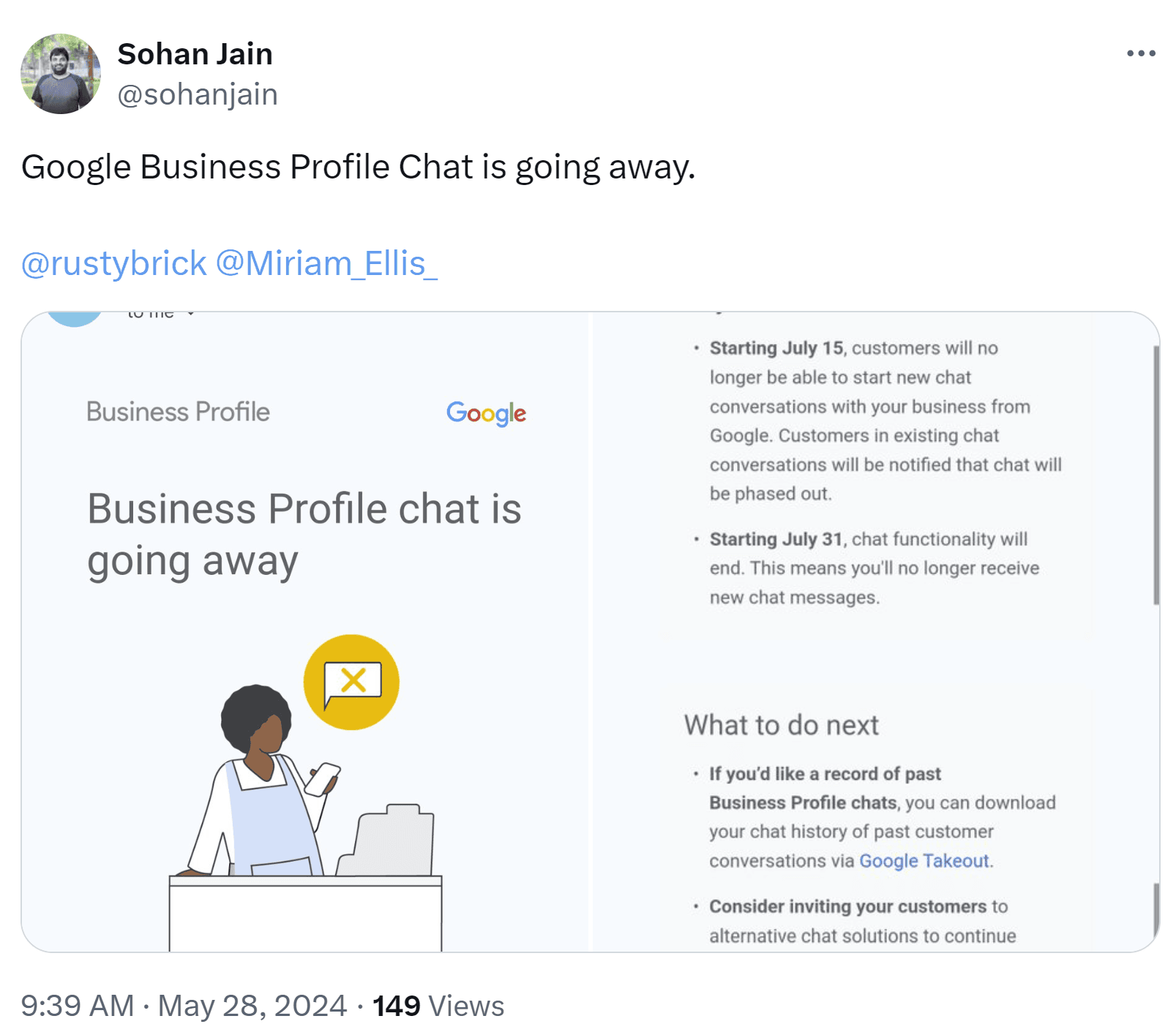 An email from Google announces that Google Business Profile chat is being shut down on July 15, 2024