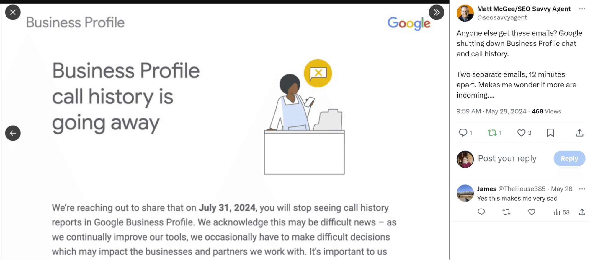 Another message from Google announces that Google Call History is being shut down
