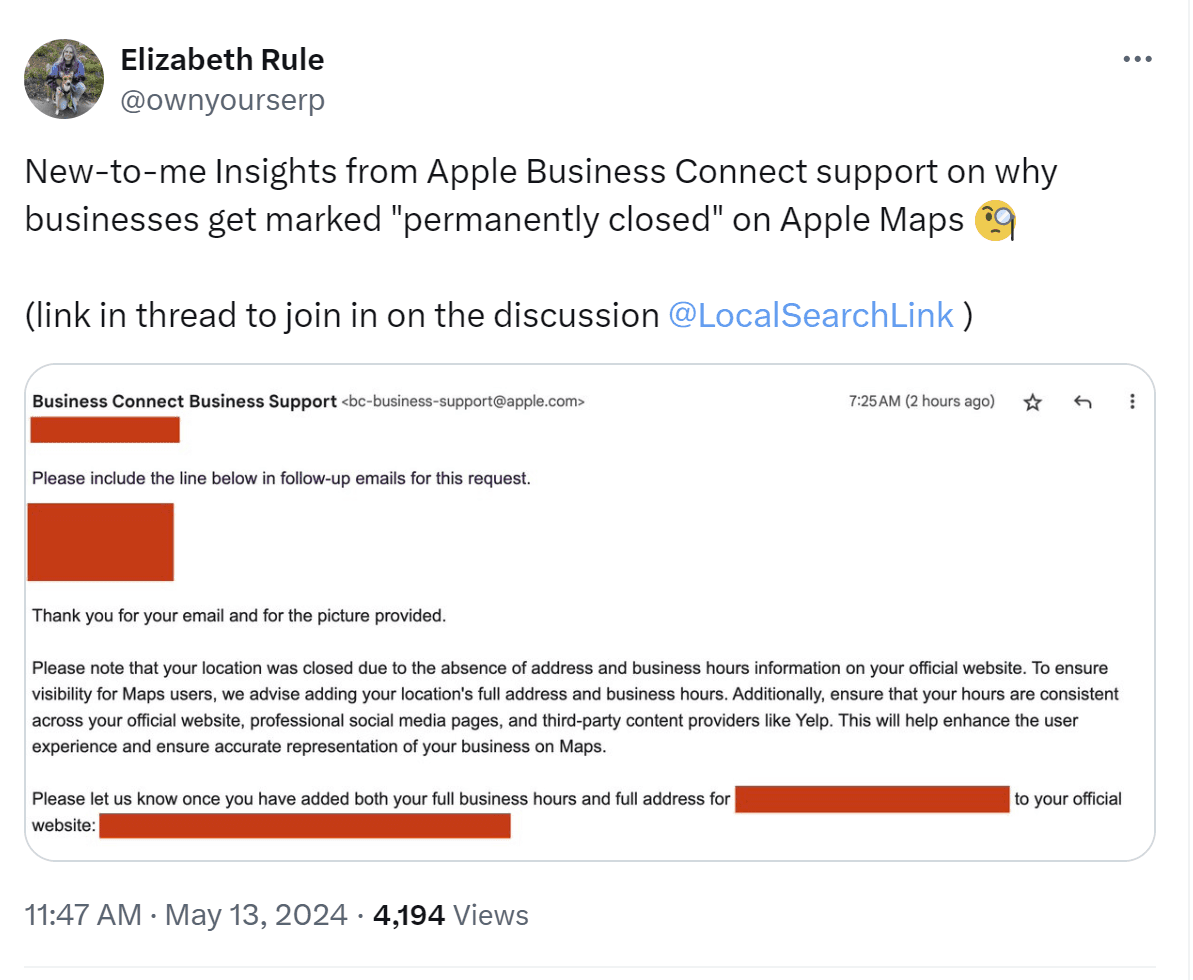 Apple Business Connect tells a user their business listing was shut down for lack of an address and phone number