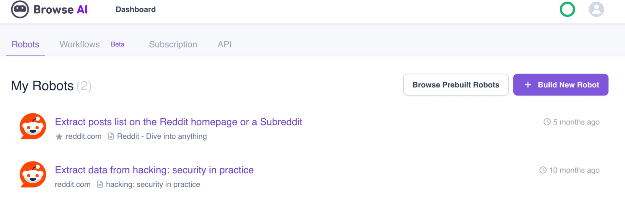 Browse AI “My robots” section showing two of the Reddit Forums main topics extracted.