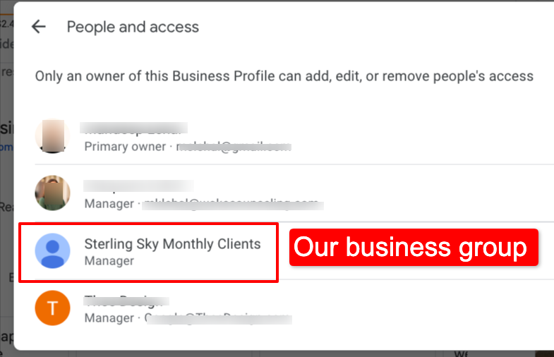 Screenshot of GBP showing how to add users to a group.