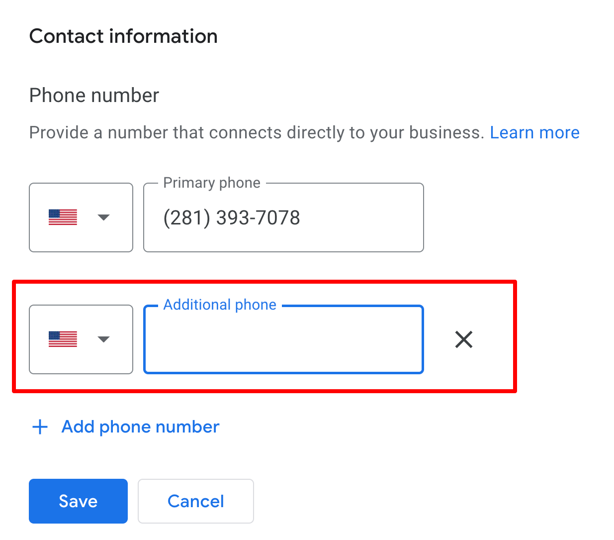 Screenshot of the phone number entry fields in GBP.