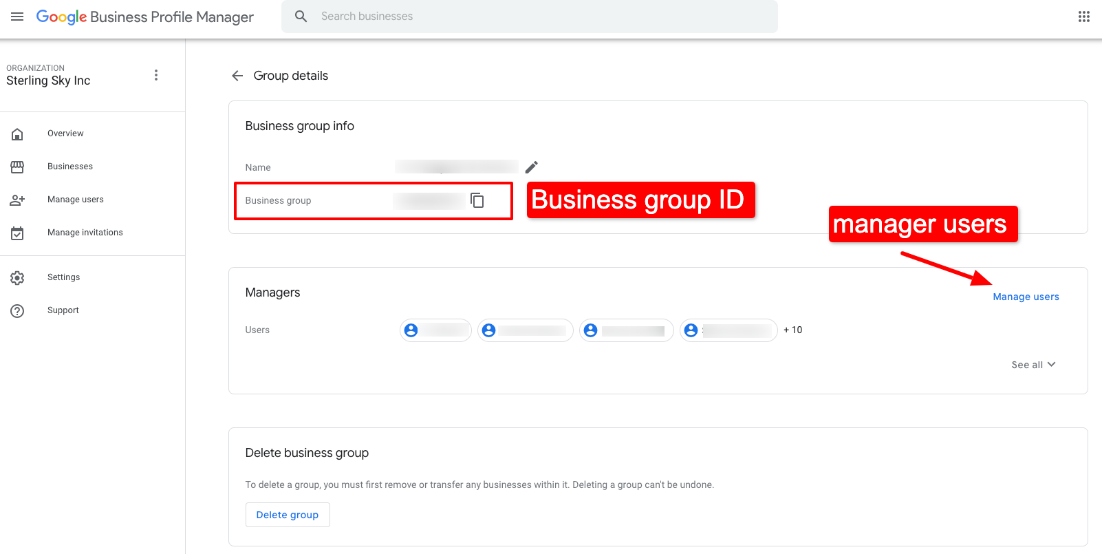 Screenshot of GBP showing how to enter your business group details.