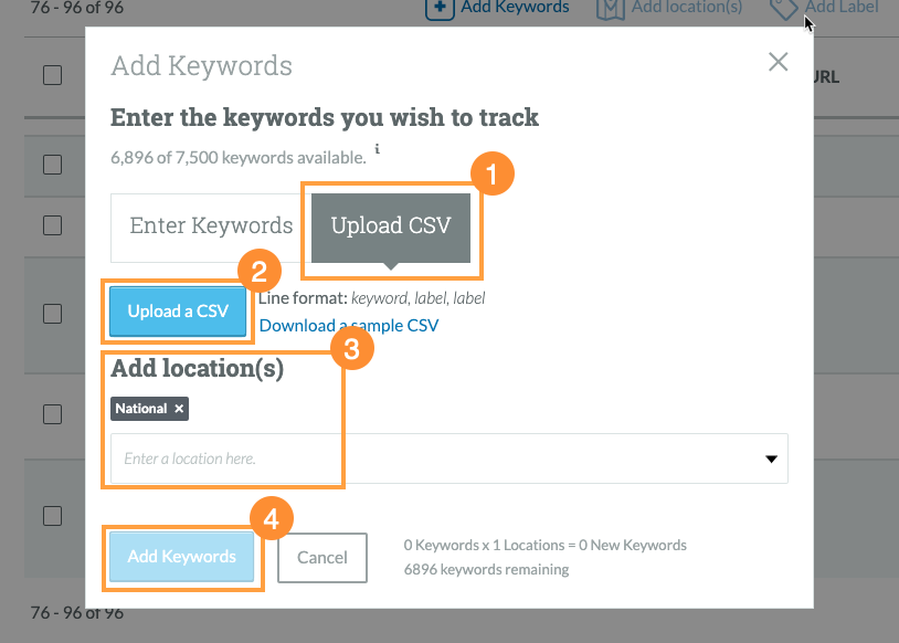 Upload your CSV and then select the locations you'd like to track those keywords for.