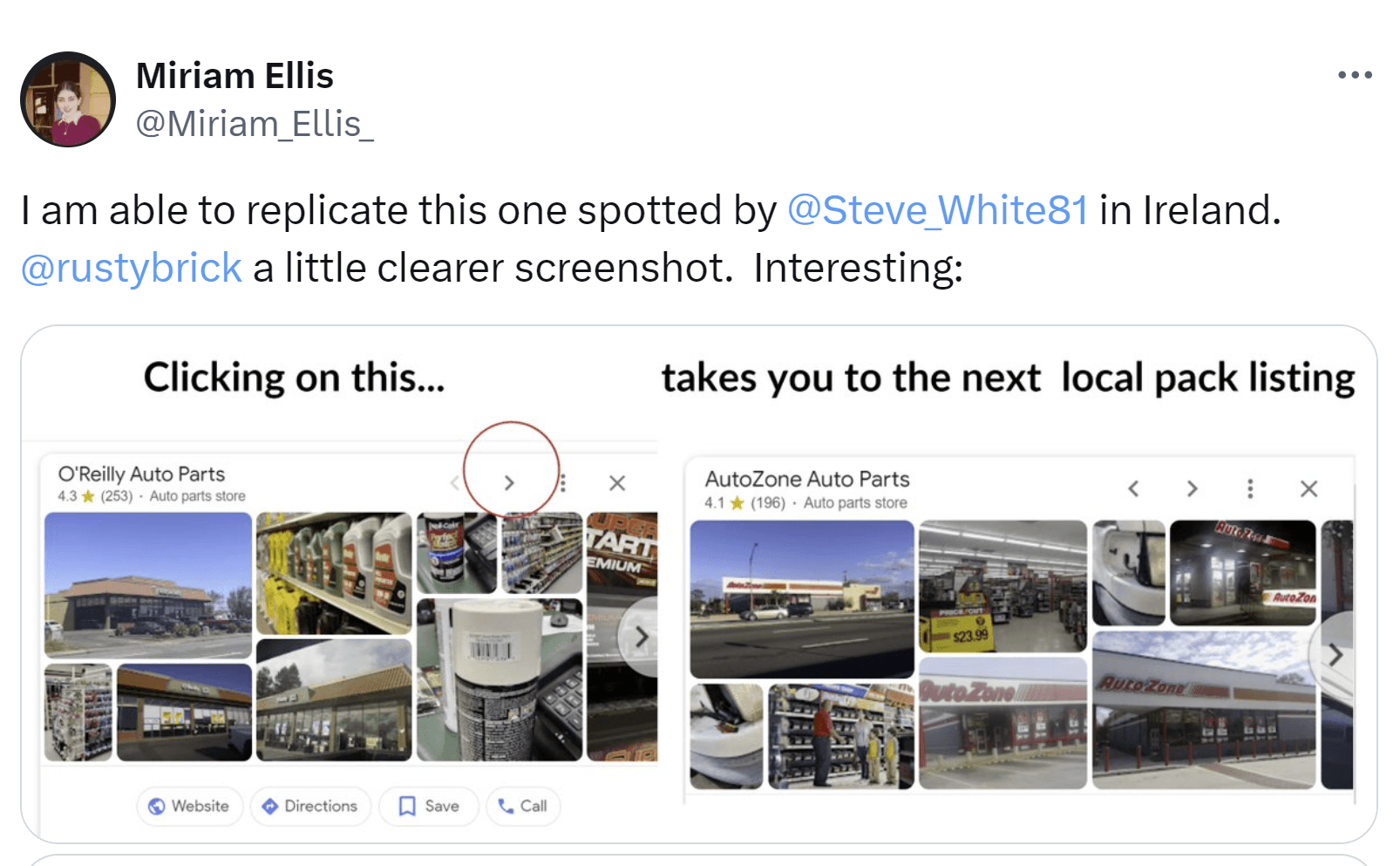 Clicking on an arrow at the top of a Google Business Profile takes the user to the next-up listing of a competitor