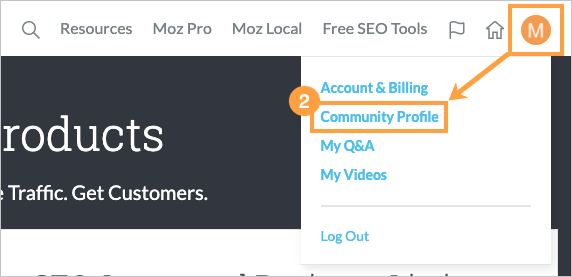 Community Profile Menu location in the upper right of the Moz website.